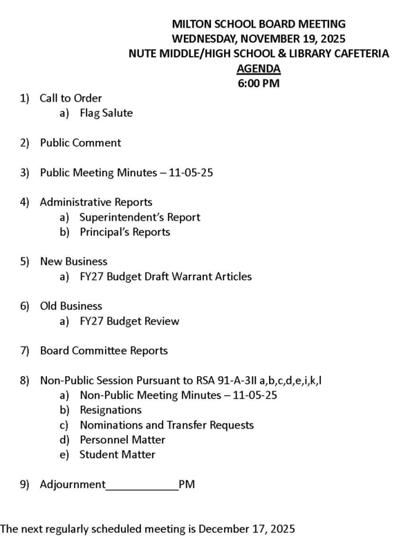 November 19, 2025 Milton School Board Agenda