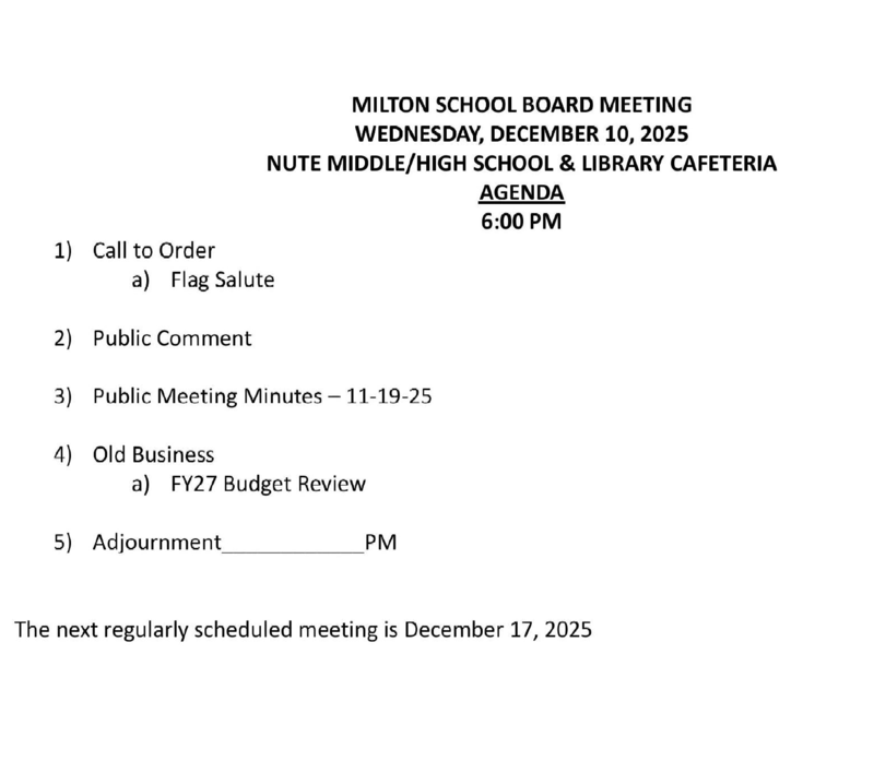 December 10, 2025 Milton School Board Agenda