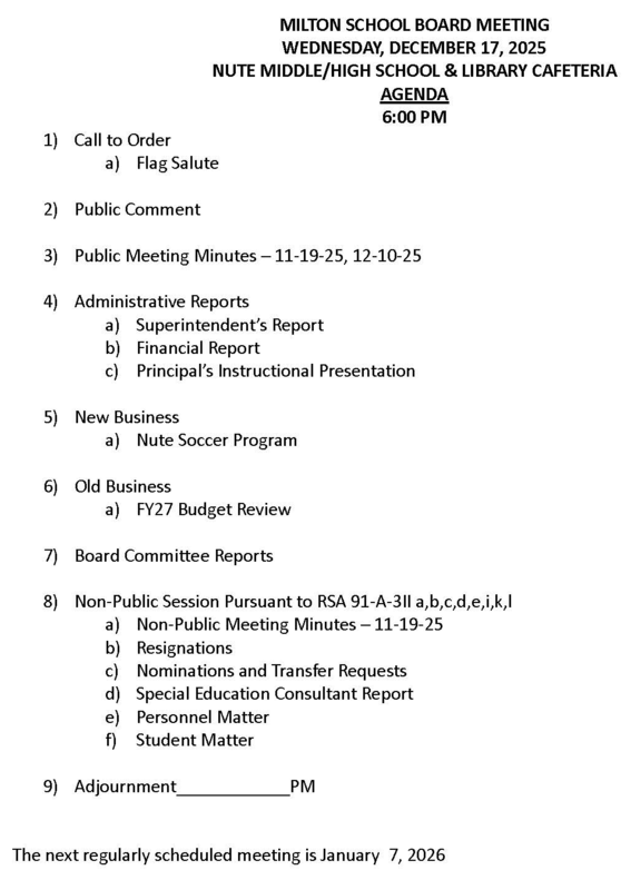 12/17/2025 Milton School Board Agenda