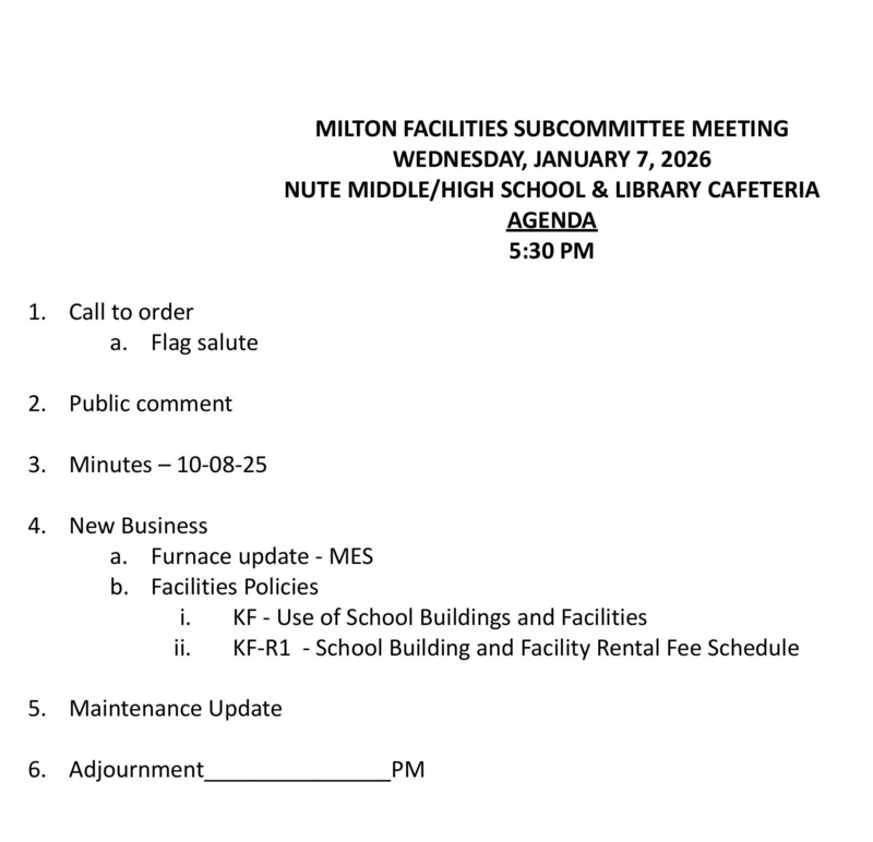 January 7, 2026 Milton School Board Facilities Committee Agenda