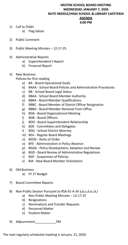 January 7, 2026 Milton School Board Agenda