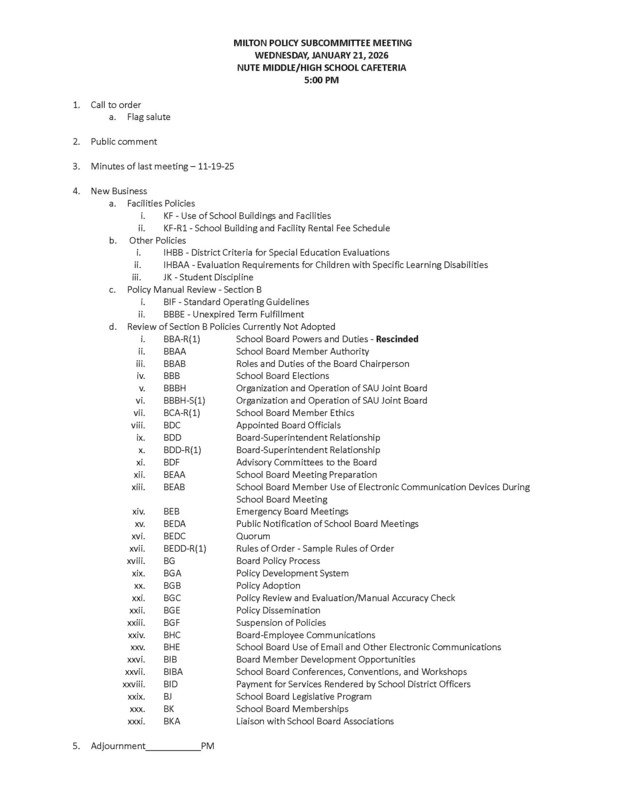 January 21, 2026 Milton School Board Policy Committee Agenda