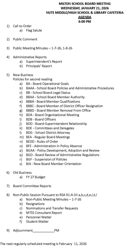 January 21, 2026 Milton School Board Agenda