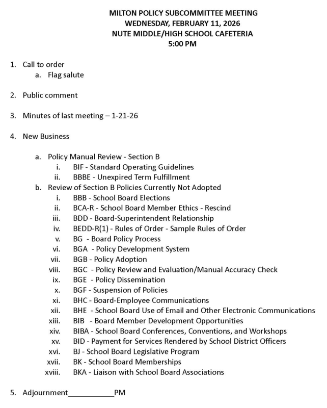 February 11, 2026 Milton School Board Policy Committee Agenda