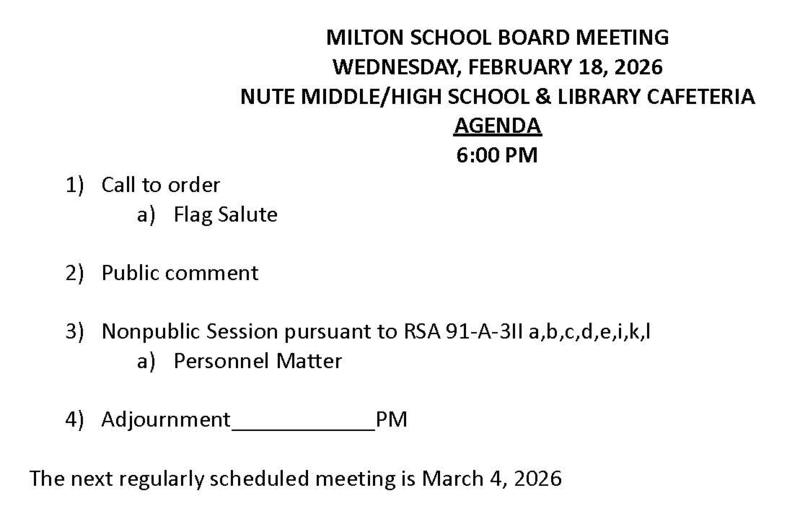 February 18, 2026 Milton School Board Agenda