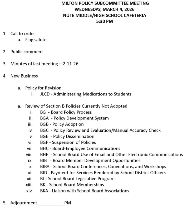 March 4 2026 Milton School Board Policy Committee Agenda