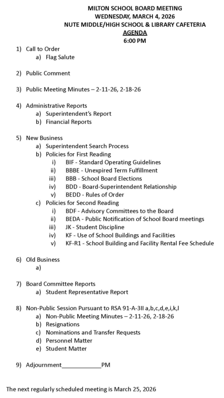 March 4, 2026 Milton School Board Agenda