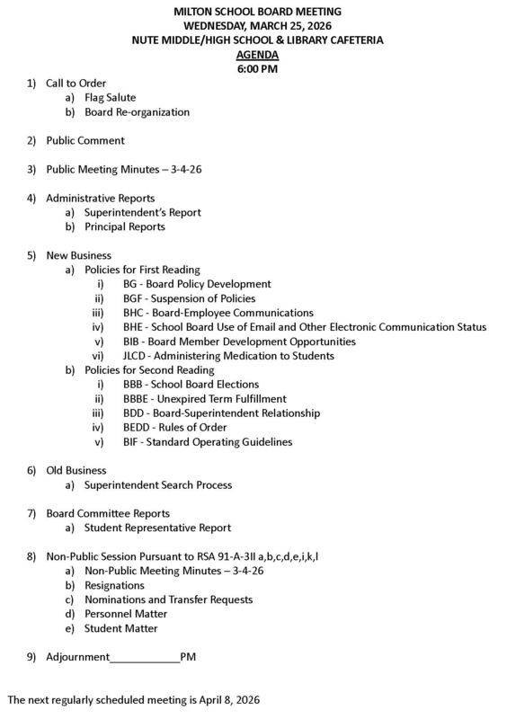 March 4, 2026 Milton School Board Agenda