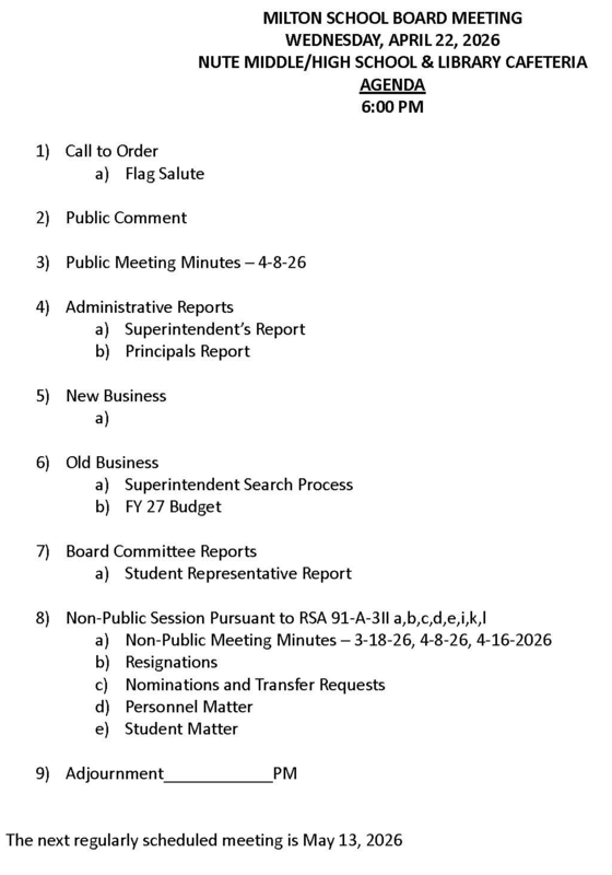 April 22, 2026 Milton School Board Agenda