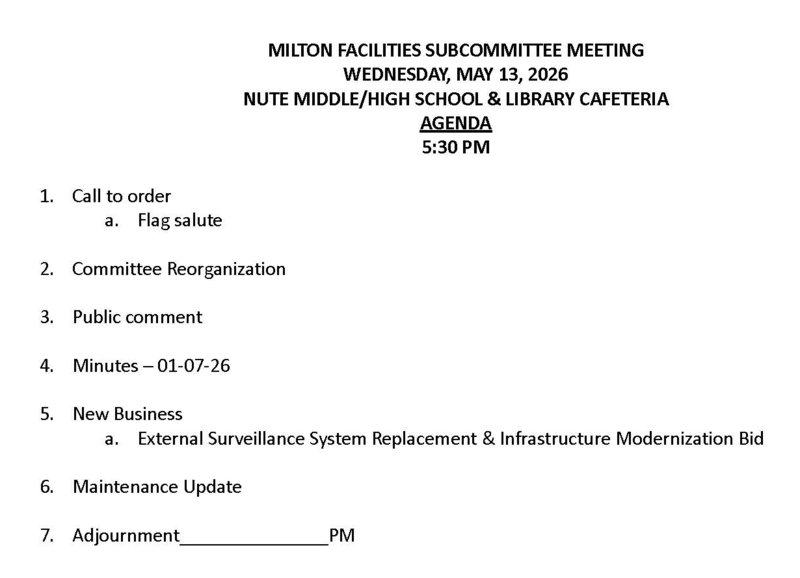 May 13, 2026 Milton School Board Facilities Committee Agenda