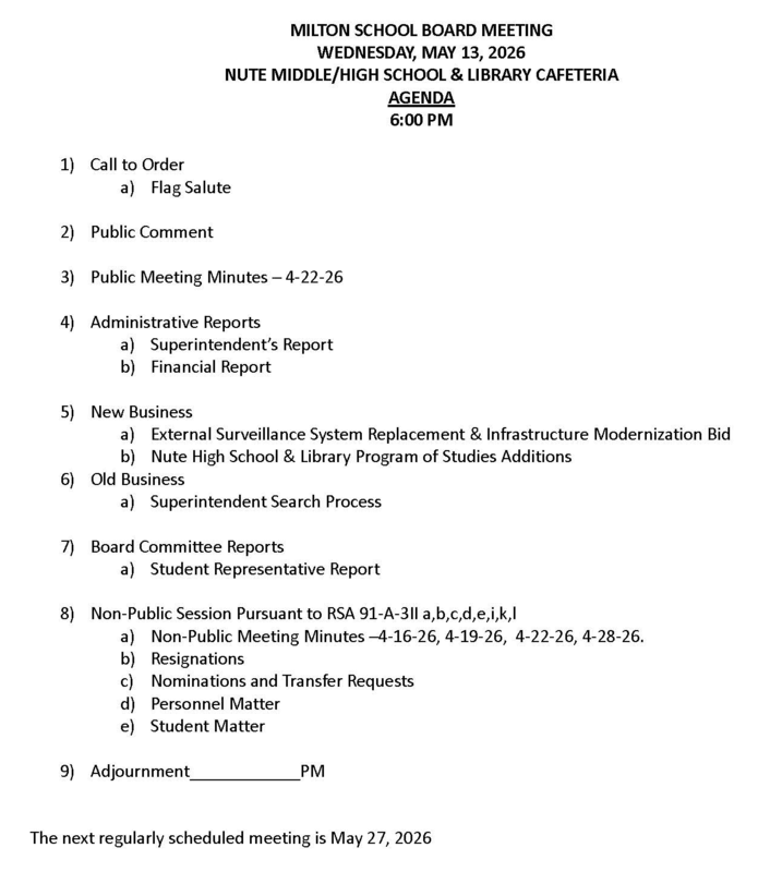May 13, 2026 Milton School Board Agenda