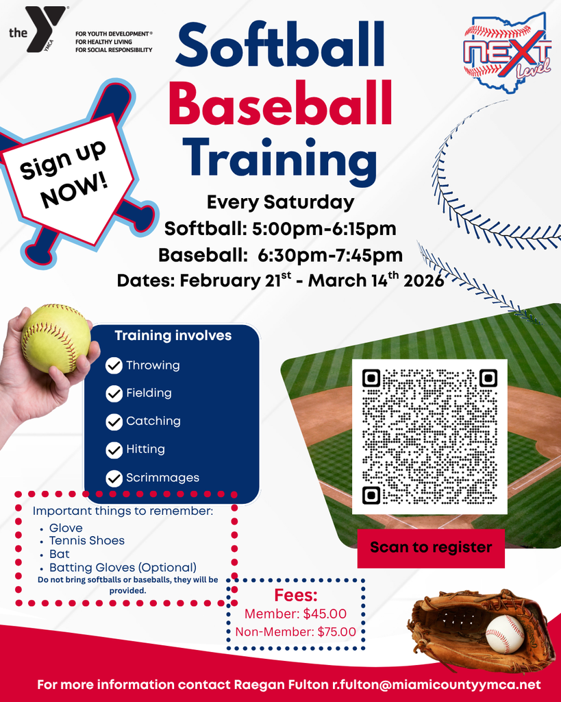 Next Level YMCA Softball and Baseball Training Camps for ages 6-10.  Every Saturday February 21- March 14.  Sign up now.  Spots are limited.  