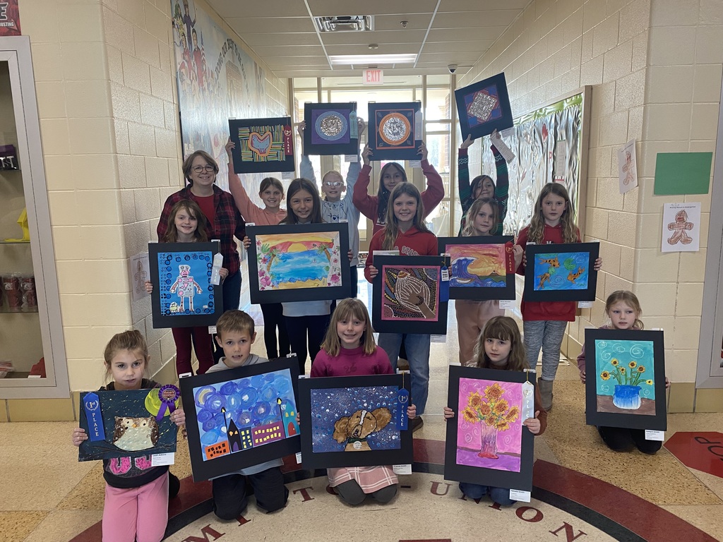 Picture of all the young artist at MUES that participated in the Tripp City Area Art Council Youth Art Exhibit with their art.