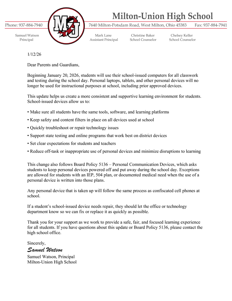 Personal Laptop-Device Letter