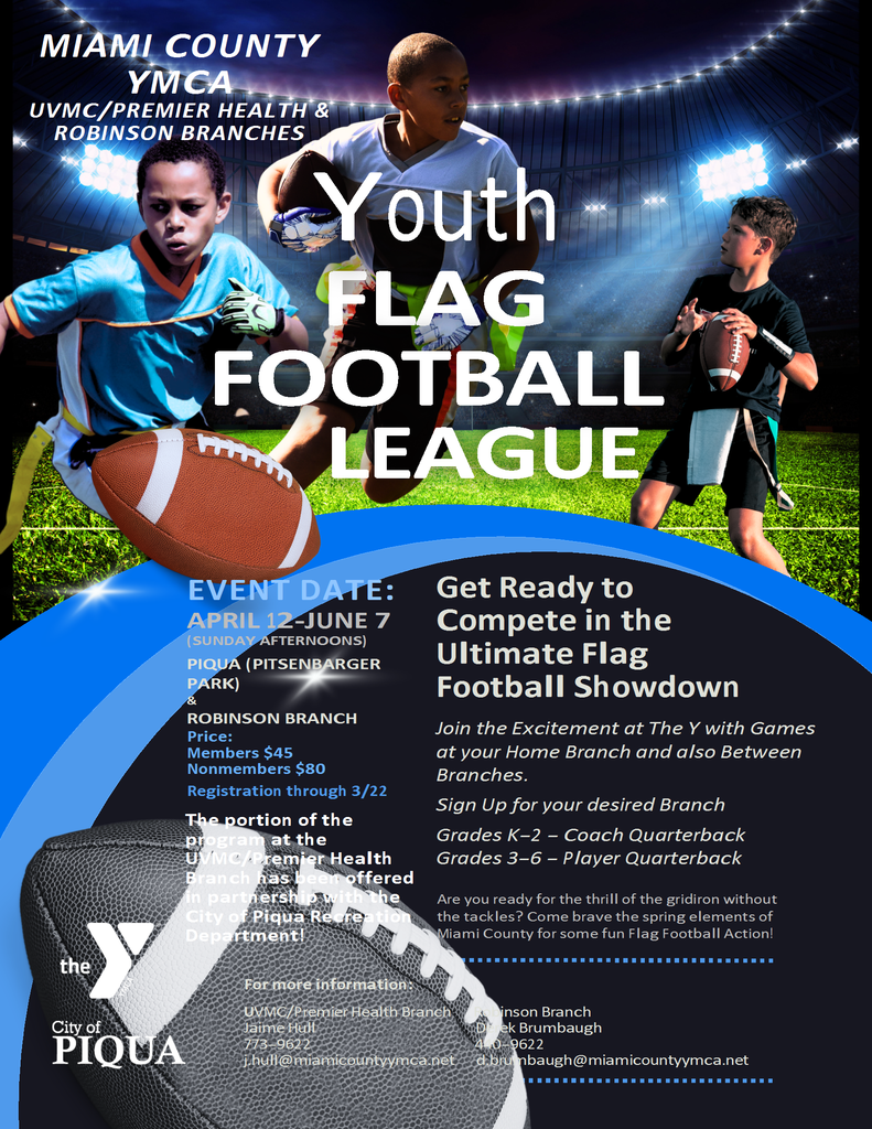 YMCA Youth Flag Football Information. pictures of childern in flag football gear with football