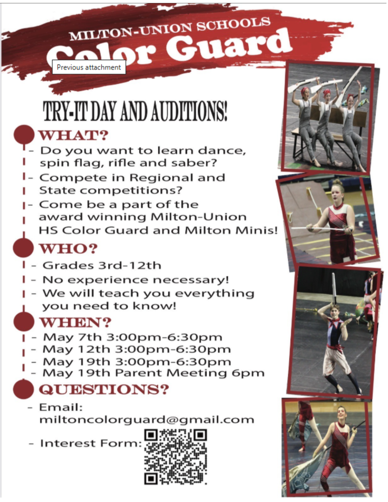 Red and Black text on white background.  Four pictures of the guard members with flags and other equipment.  QR code for signing up.