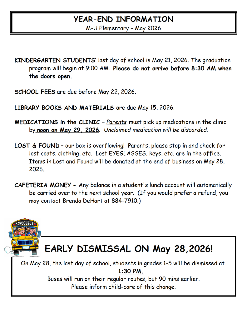 White paper with black lettering and a yellow school bus in the bottom left corner of the page