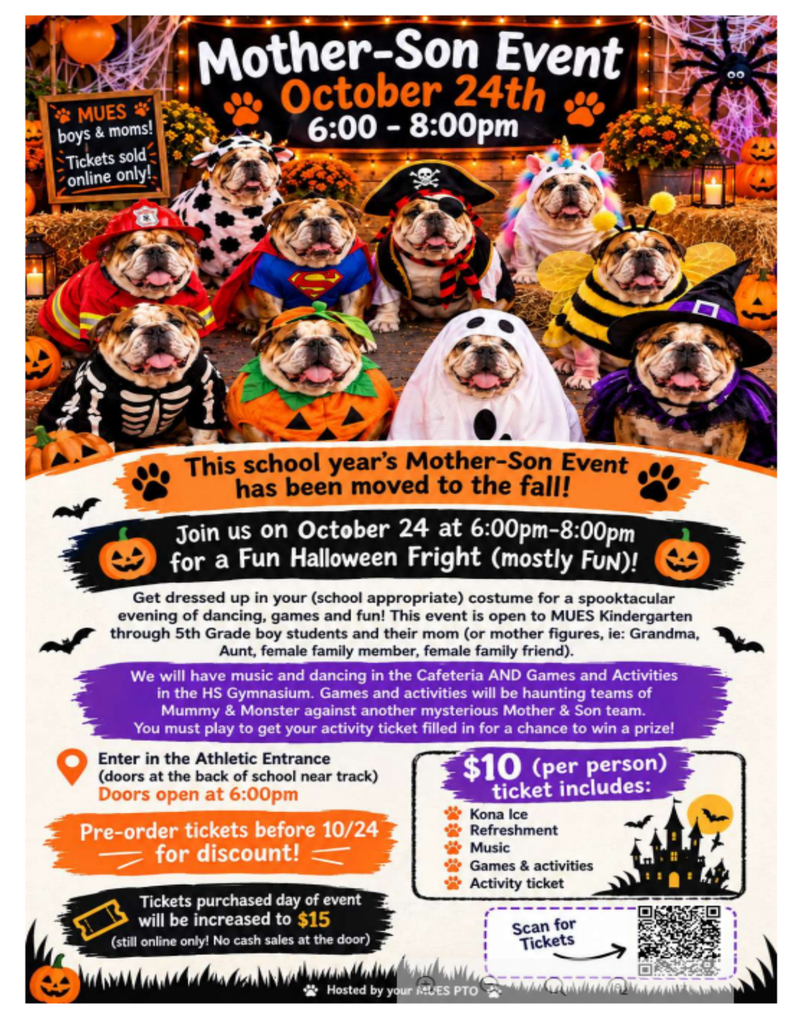 Black, White, and orange lettering with bulldogs dressed in costumes