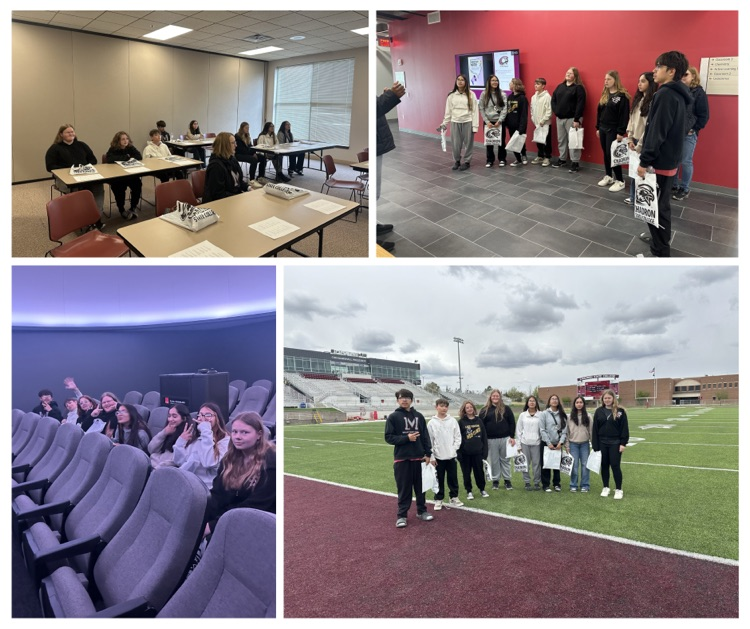 8th grade students tour Chadron State College, participating in a classroom session, listening to a campus presentation, exploring a theater space, and visiting the football field as part of their campus visit experience.