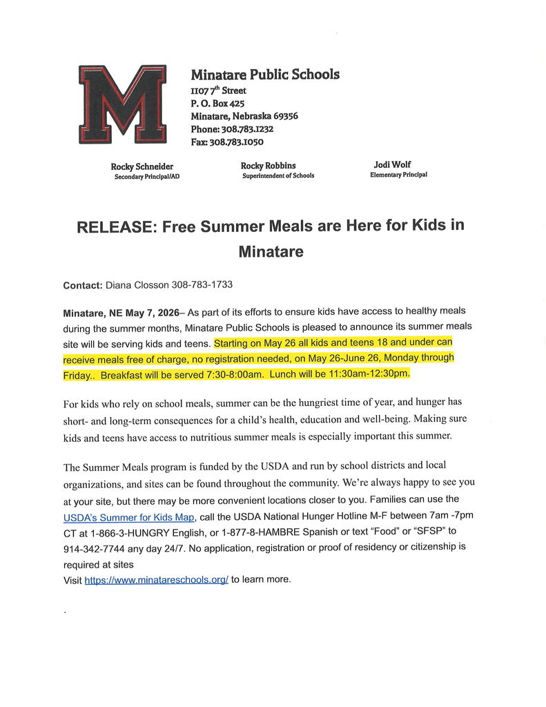 Summer School Meals Press Release Minatare