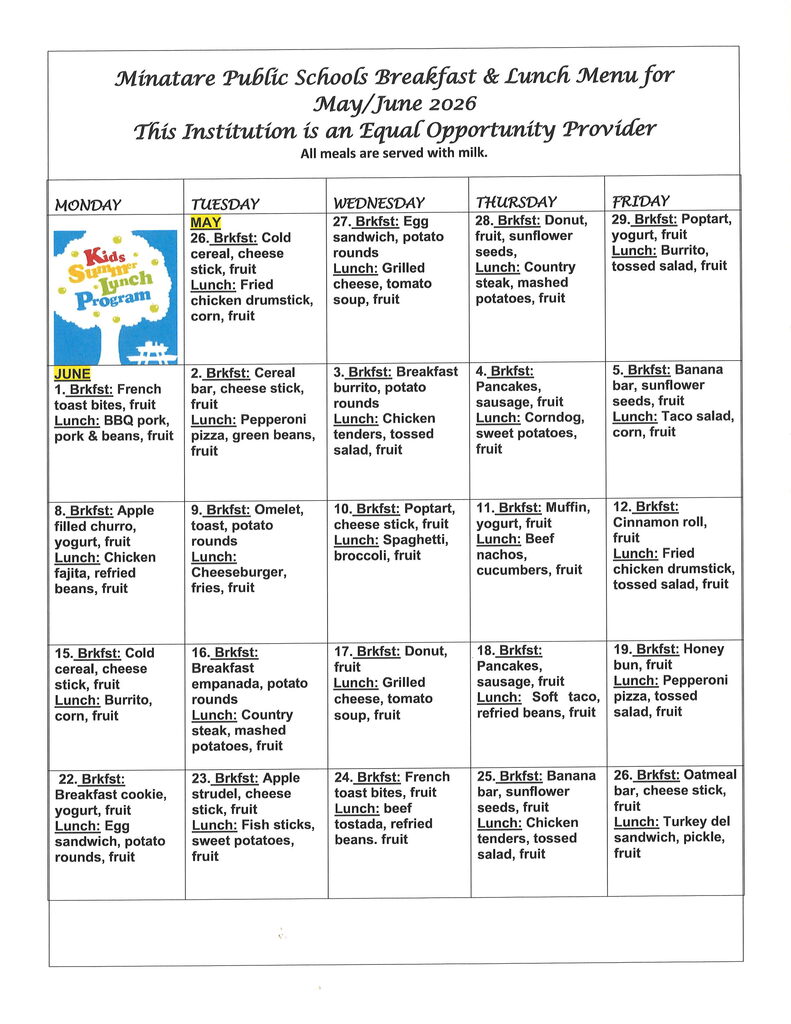 Summer Menu for Minatare