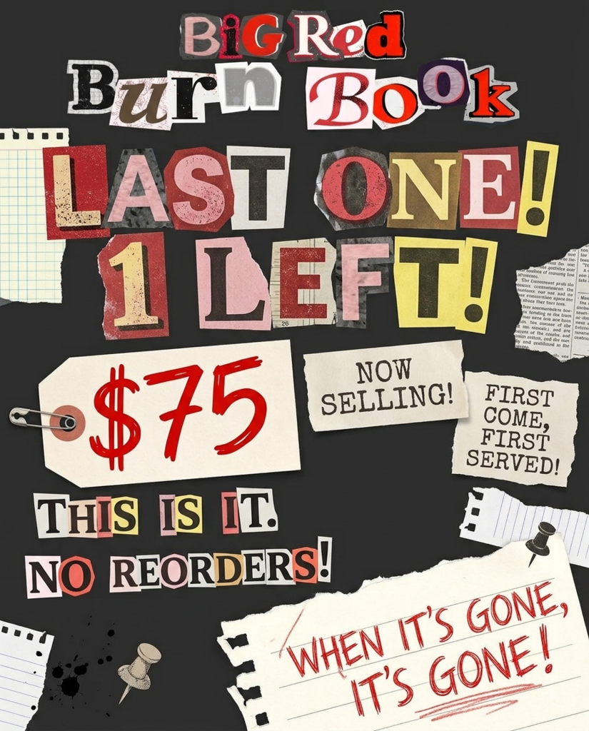 Graphic in a ransom note cutout style titled "BiG Red Burn Book" announcing the final yearbook sale. Text reads: "LAST ONE! 1 LEFT!", "$75", "NOW SELLING!", "FIRST COME, FIRST SERVED!", "THIS IS IT. NO REORDERS!", and "WHEN IT'S GONE, IT'S GONE!".