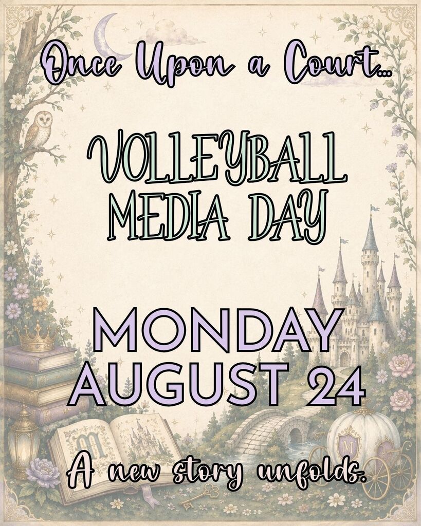 A poster with a whimsical, storybook theme announces an upcoming event called "Volleyball Media Day." The background features light beige parchment with a floral border, an owl on a tree branch, stack of books, a castle, and a pumpkin carriage.