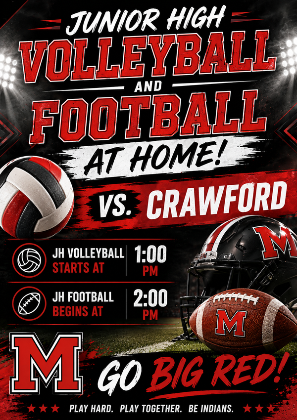 JH Volleyball & Football at home VS. Crawford.  Tuesday September 1