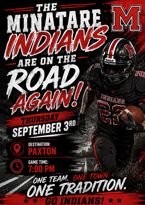 Minatare Indians are on the road to Paxton this Thursday, September 3rd.  Game time is 7:00PM