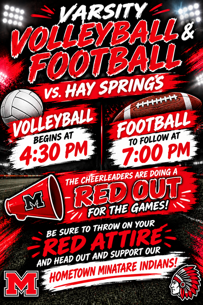 Varsity Volleyball & Football at home VS. Hay Springs on Thursday October 8th. 4:30 & 7:00pm. Red Out Game (wear all of the red that you can find)