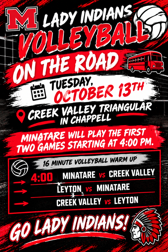 The Lady Indians are on the road on Tuesday October 13th to the Creek Valley Triangular in Chappell. Minatare will play the first 2 games starting at 4pm
