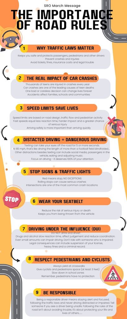 This month's SRO message will be geared toward 9-12 grade drivers, but it can be a good reminder for all of us as well. The Importance of Following the Rules of the Road....