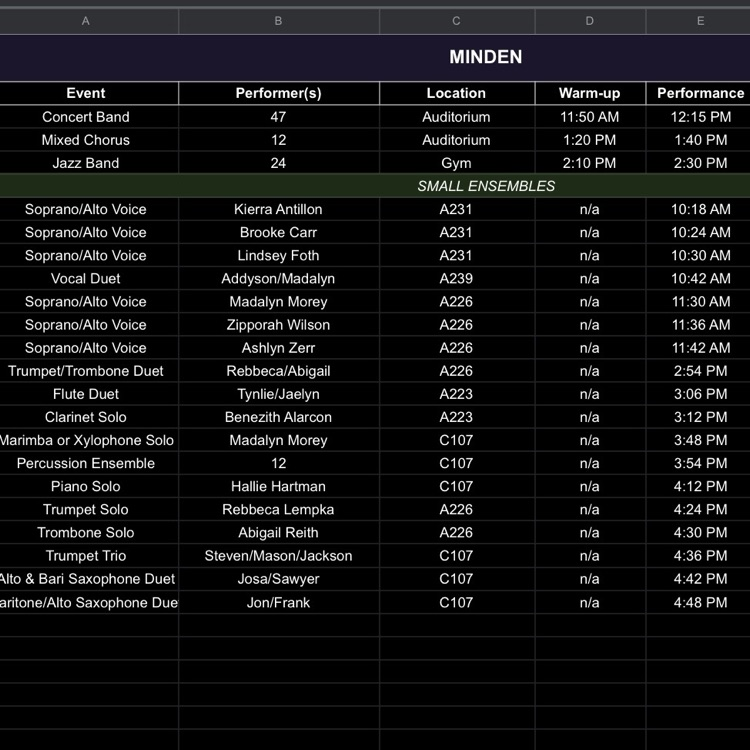Minden district music schedule 