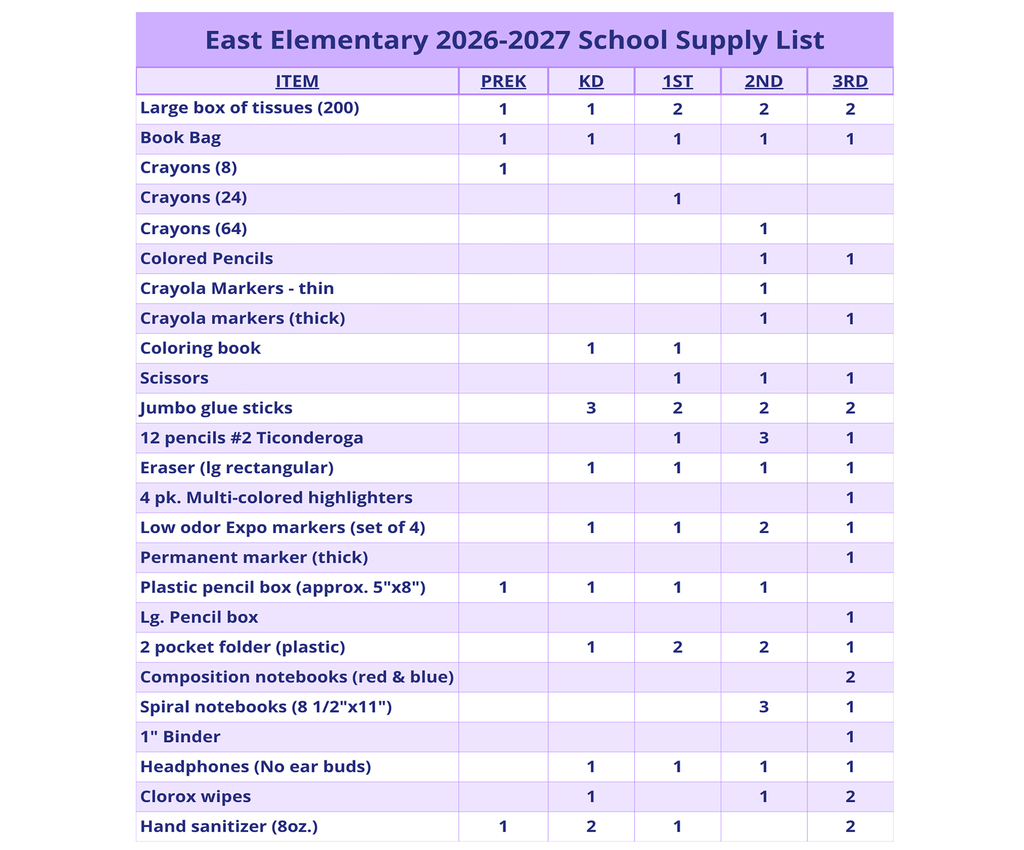 26/27 East Elementary School Supply List