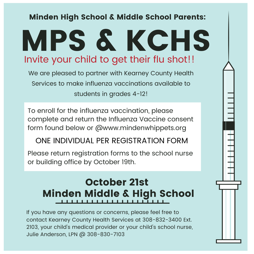 Minden Middle & High School Flu shot flyer. Packets due by October 20th