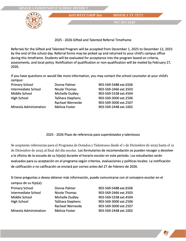 2025 - 2026 Gifted and Talented Referral Timeframe