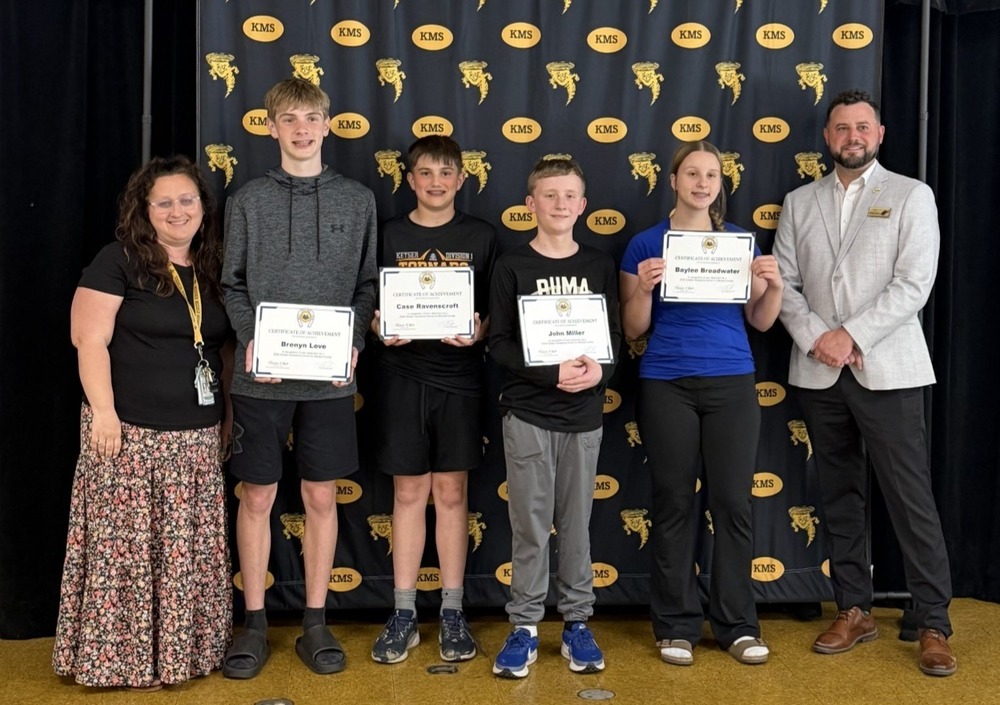 Picture of Golden Horseshoe winners for 2026 .  L to R:  Mrs. Lyons, Brenyn Love, Case Ravenscroft, John MIller, Baylee Broadwater, Supt. Troy Ravenscroft