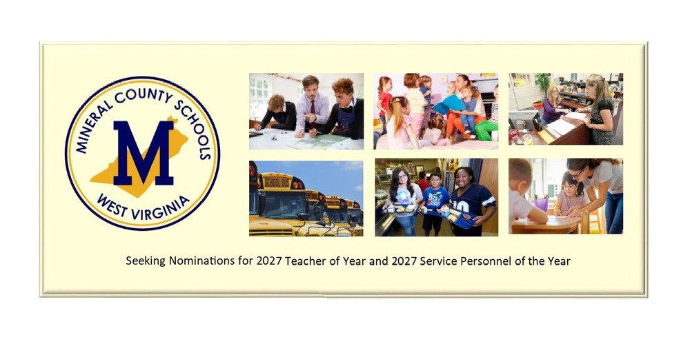 Image stating Seeking nominations for Teacher of the Year and  Service Personnel of the Year for 2027.  Application detaiils and links in article  below.