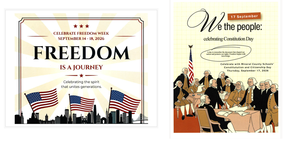 Graphics representing Celebrate Freedom Week and We the People. Refer to article below for details.