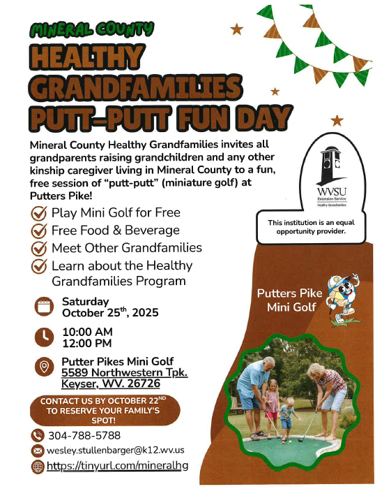Healthy Grandfamilies event at Putters Pike Mini Golf on Oct 25 from 10-12. Free for grandfamilies and kids.