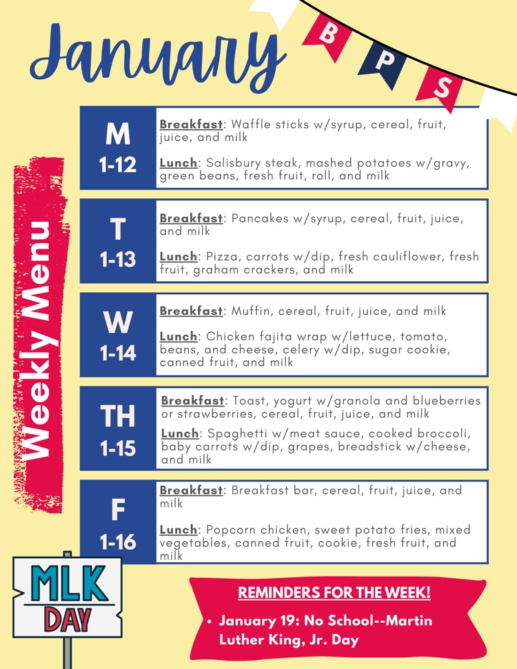 January 12-16 Menu: Waffle Sticks, Salisbury Steak, Pancakes, Pizza, Muffin, Chicken fajita wrap, Toast, Spaghetti, Breakfast bar, Popcorn Chicken