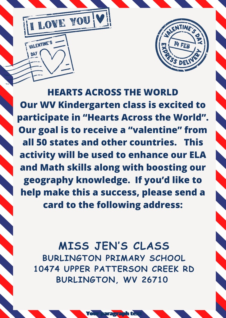 Hearts Across the World Project! Send Valentine Cards to Miss Jen’s Kindergarten Class!