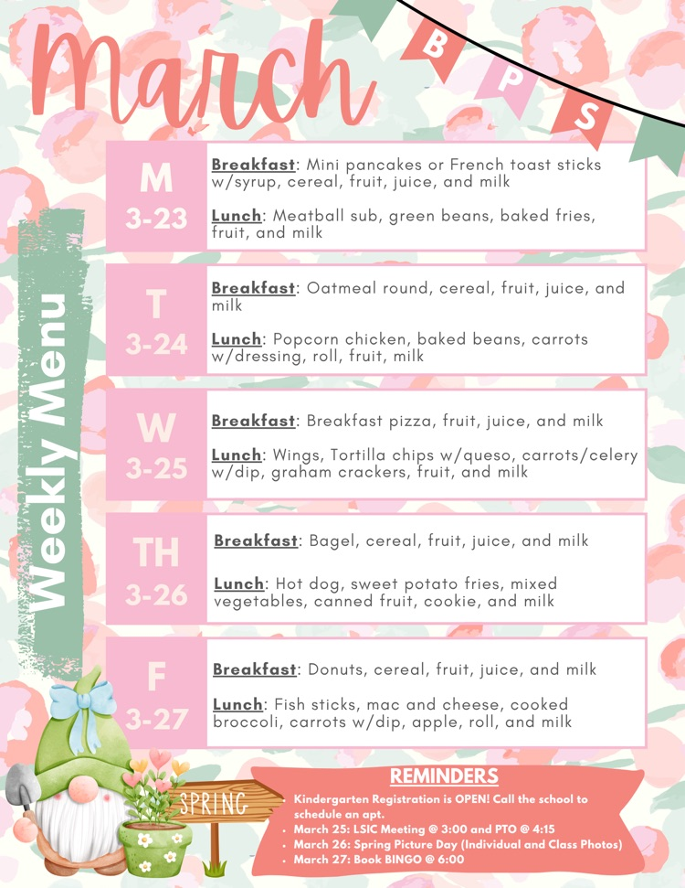 Monday: Mini pancakes and meatball sub; Tuesday: Oatmeal round and popcorn chicken; Wednesday: Breakfast pizza and Wings; Thursday: Bagel and Hot dog; Friday: Donuts and Fish sticks