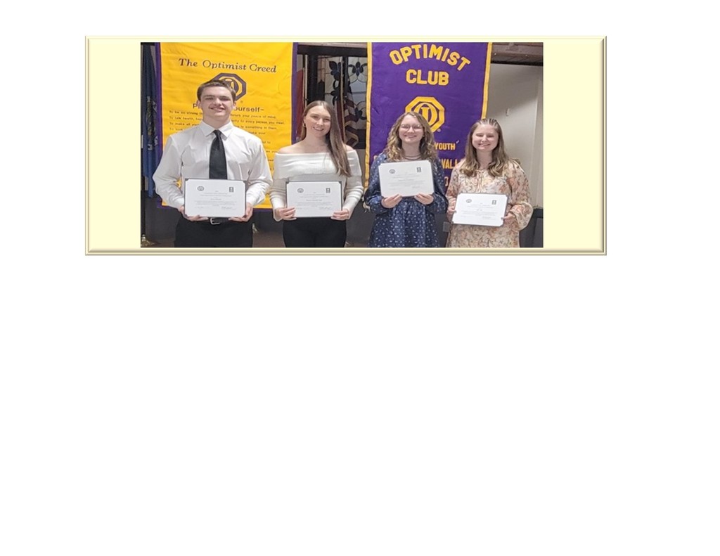 Cumberland Valley Optimist Awards 2026. The Optimist Club Award recognizes outstanding students for their achievements in academics, social involvement, and for being well-rounded individuals. Their accomplishments, character, and compassion make them outstanding role models for youth in our community! This year’s recipients are : Hailey Hershberger and Brianna Kelly (FHS) Celia Cole and Owen Rotruck (KHS)
