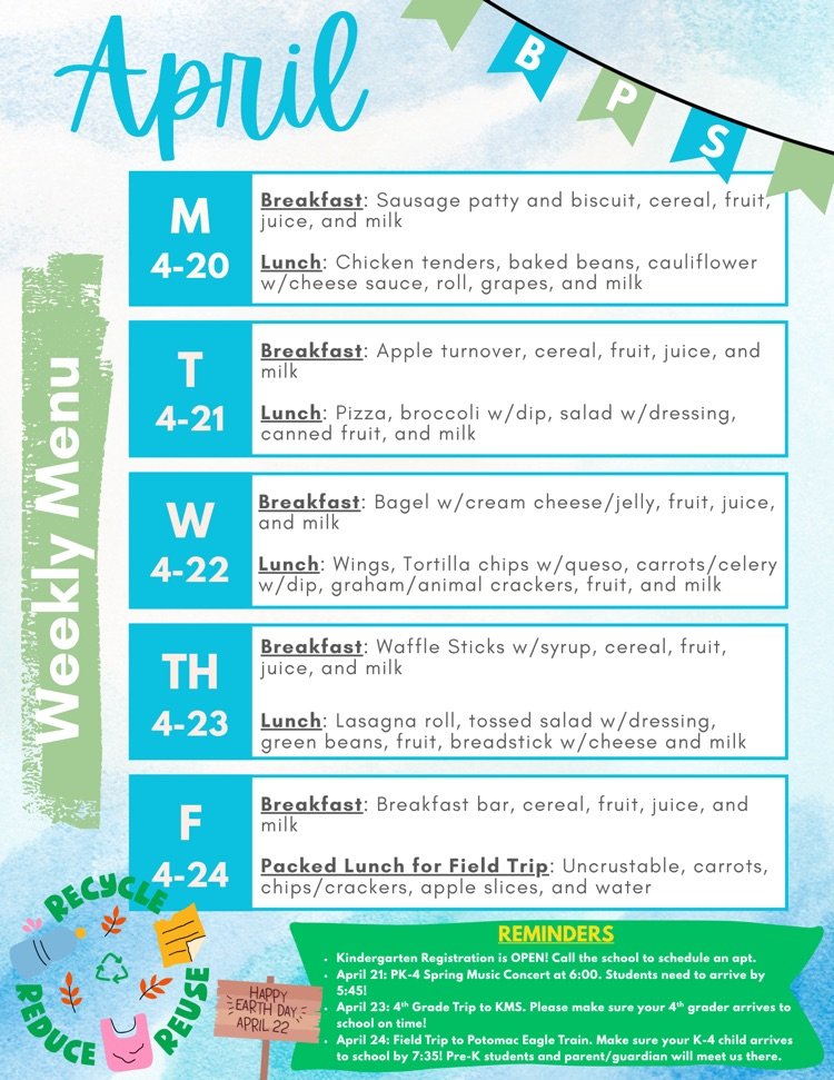 April 20-24 Breakfast and Lunch Menu: 4/20: Sausage patty and biscuit and Chicken tenders; 4/21: Apple turnover and Pizza; 4/22: Bagel w/cream cheese and Wings; 4/23: Waffle Sticks and Lasagna roll; 4/24: Breakfast bar and Uncrustable