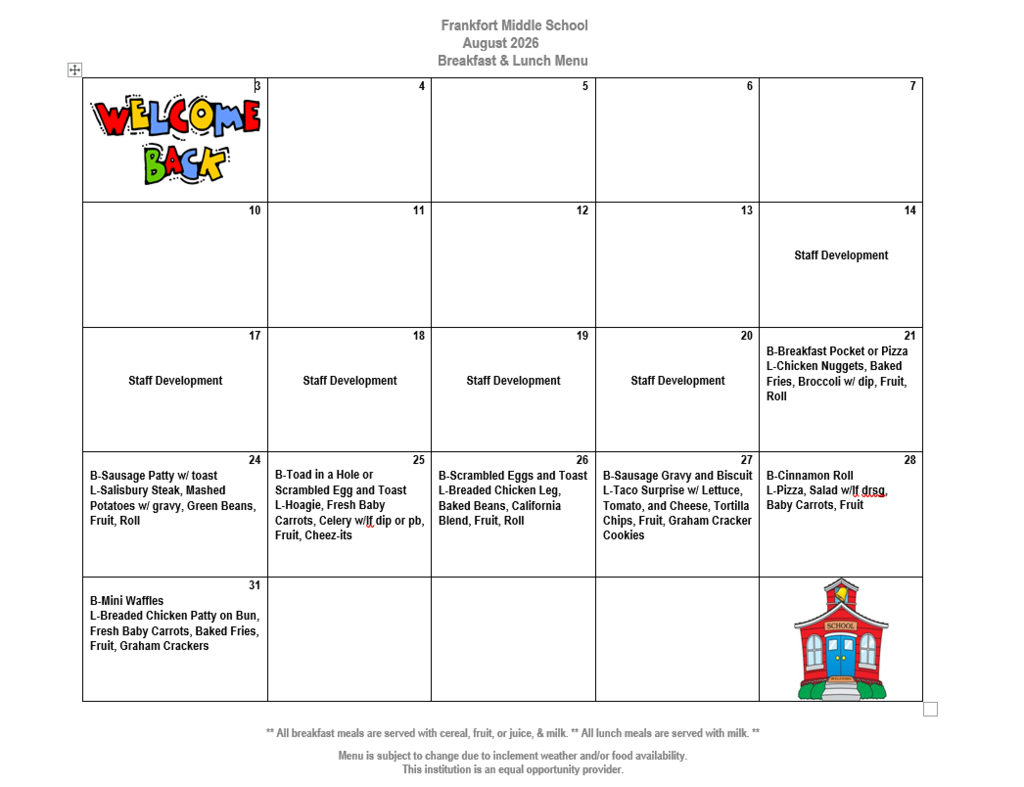 August 2026 Menu