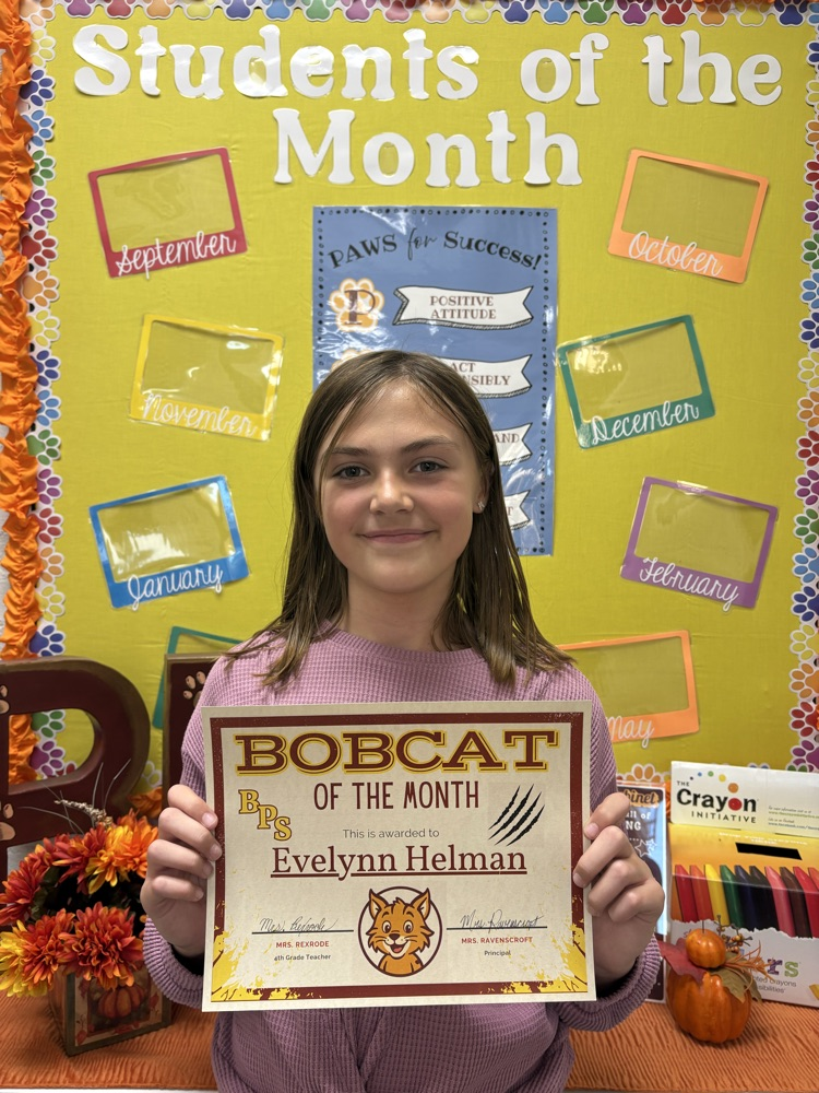 A photo of the 4th grade student chose for Bobcat of the Month. 