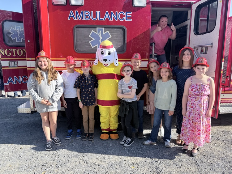 A photo of the 4th grade class in front of a fire truck for a Fire Safety presentation by the BVFD. 