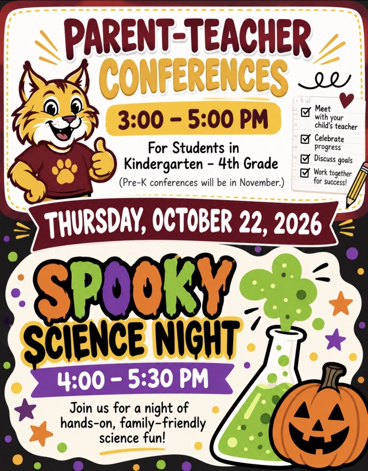A flyer stating that Parent-Teacher Conference Night is 3:00-5:00 and Spooky Science Family Engagement Night is from 4:00-5:30 on October 22.
