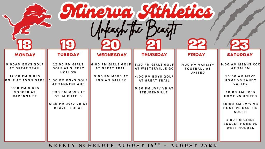 Athletic Calendar 8-18-25 to 8-23-25